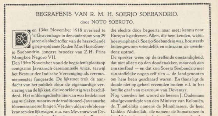 Obit: The Funeral of RM Hario Soerjo Soebandrio By Noto Soeroto,&nbsp;1918