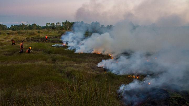 Officials from the South Kalimantan Regional Disaster Management Agency (BPBD) fight a fire burning in Landasan Ulin District, Banjarbaru, South Kalimantan, Wednesday, June 21, 2023.